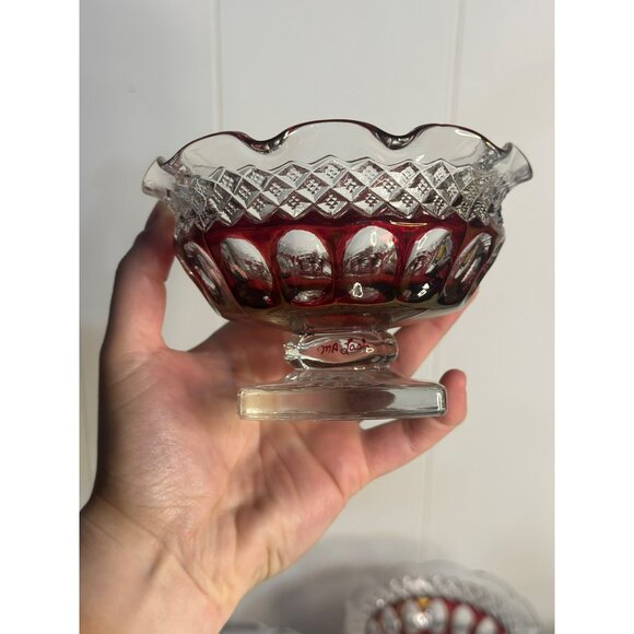 VTG Westmoreland Ruby Red Glass Compote Dishes Thumbprint Crimped Edge, Set of 6 - Picture 5 of 9